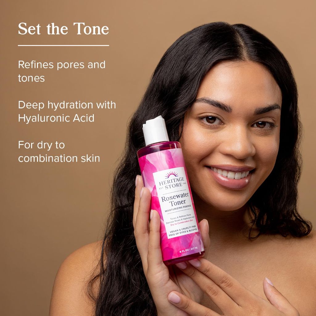 Heritage Store Rosewater Facial Toner with Hyaluronic Acid, Dry to Combination Skin Care 8oz