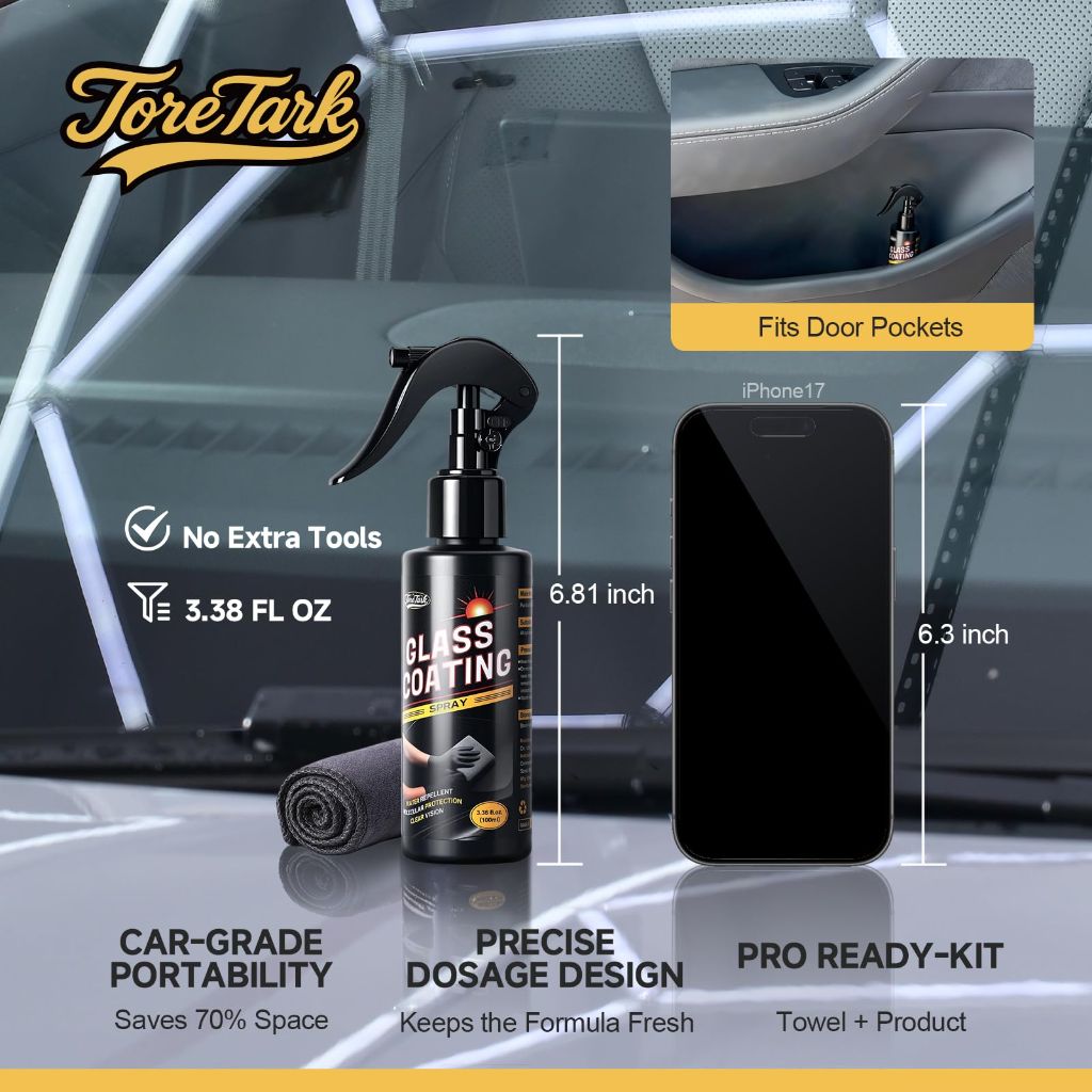 Toretark Car Ceramic Glass Coating Spray,Automotive Windshield Rain Repellent Glass Polish Protect, (3.38 fl oz +Towel)