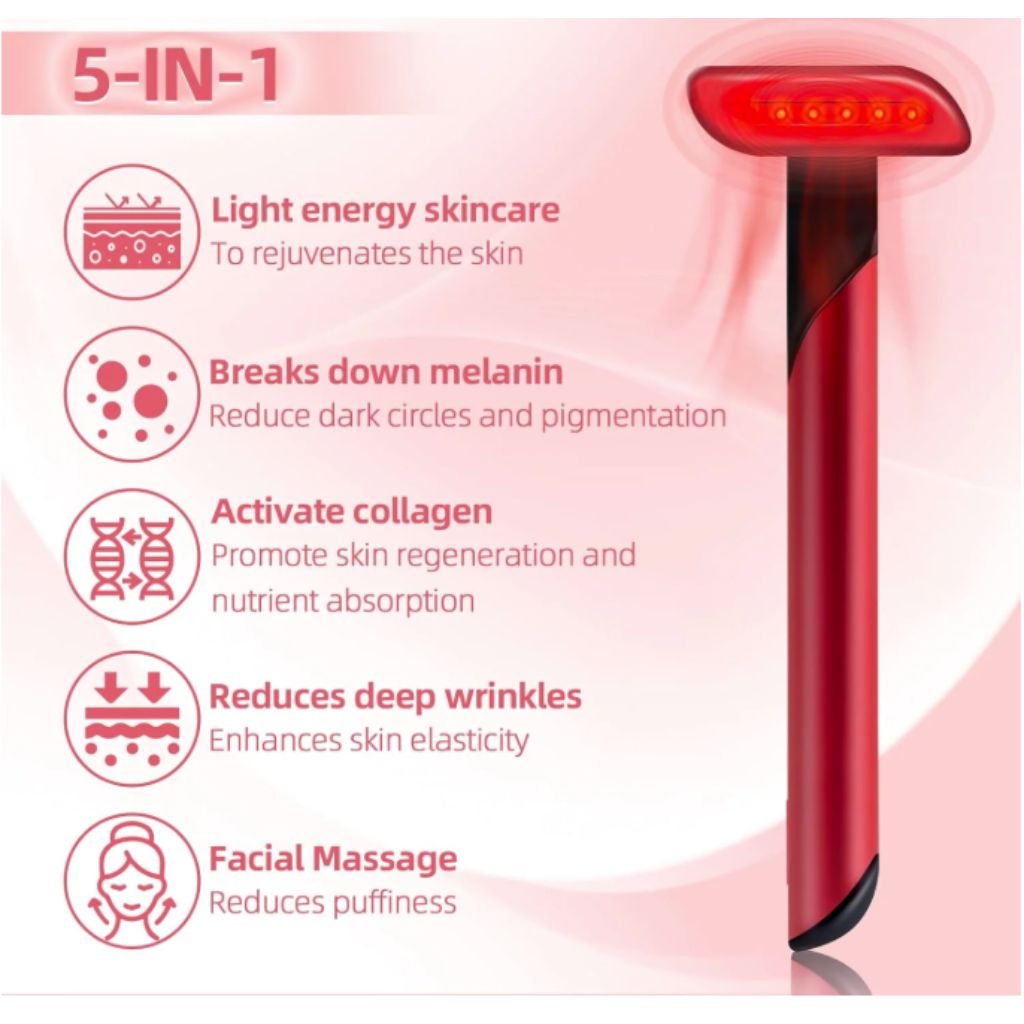 Red Light Therapy Wand for Face: 5-in-1 LED Light Skincare Wand for Rejuvenation - Face-Massager for Anti-Aging and Wrinkle Reduction -Red & Blue Beauty Device for Eyes, Neck & Face