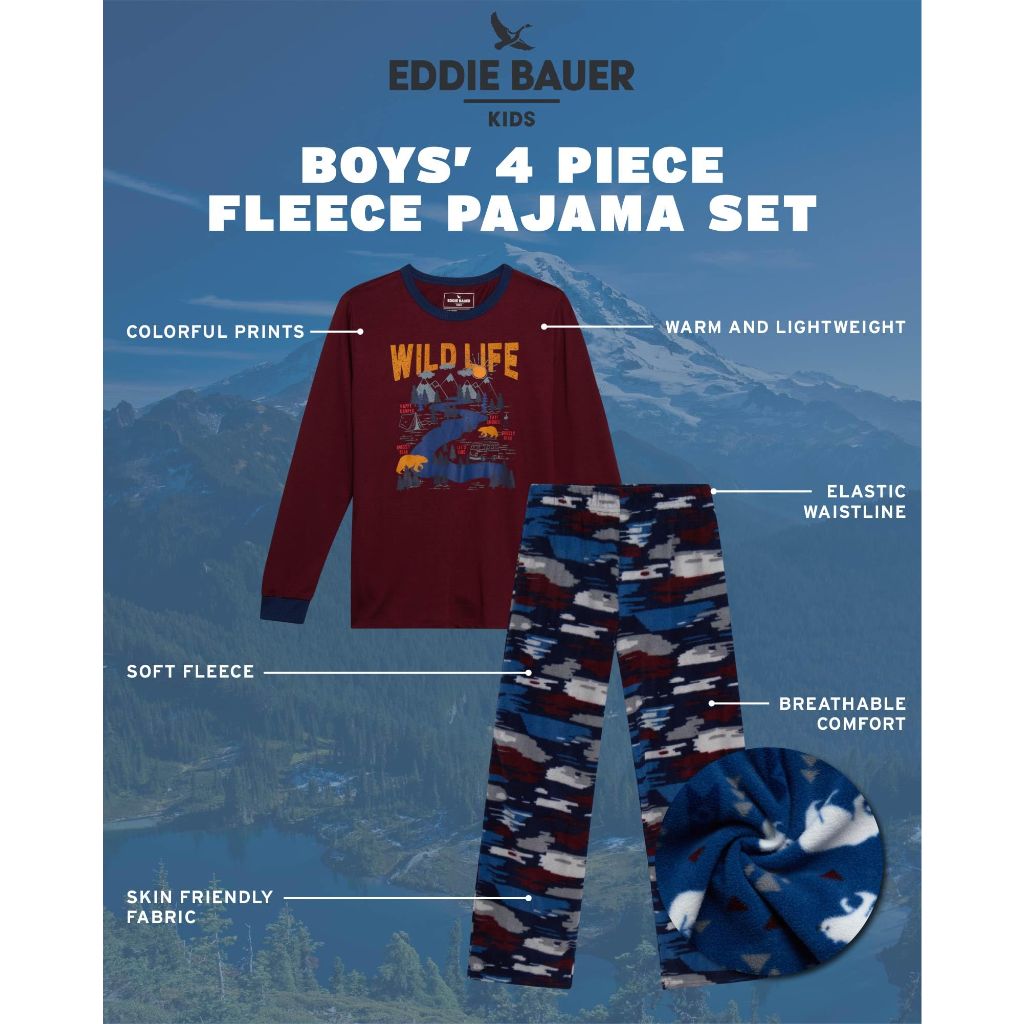 Eddie Bauer Boys' Pajama Set - 4 Piece Matching Fleece Graphic Pajama Tops and Pajama Pants, Size Medium, Maroon