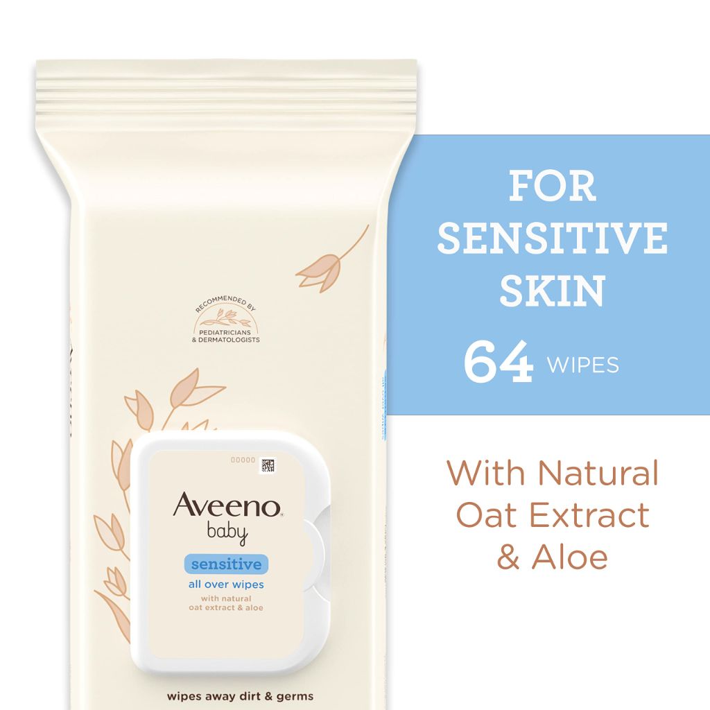 Aveeno Baby Sensitive All Over Wipes Fragrance & Alcohol-Free, 64 Wipes