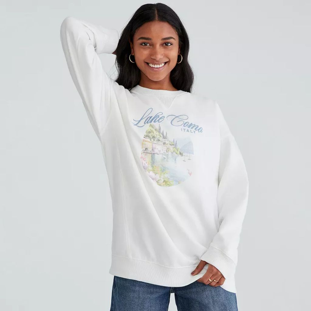 Juniors' Aeropostale Lake Como Italy Crewneck Fleece Pullover, Girl's, Size: Large, Ivory