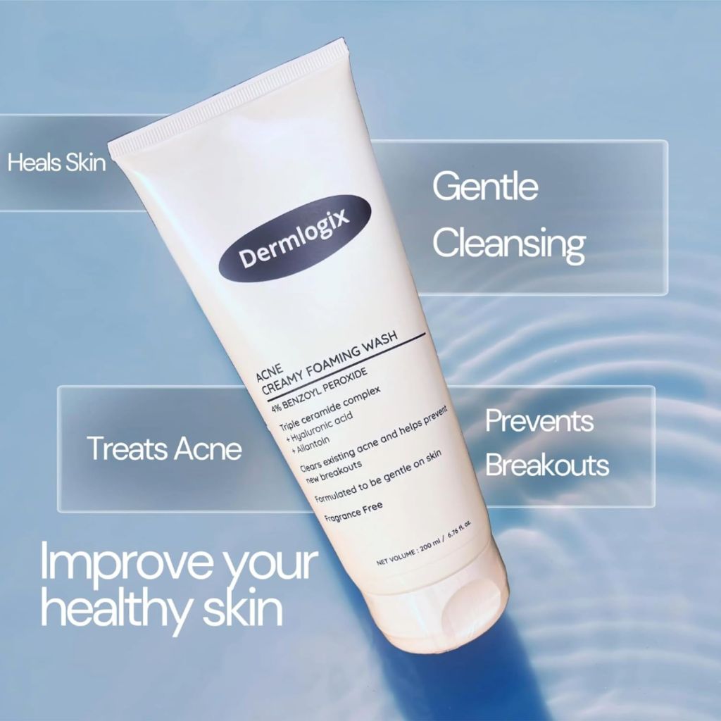Dermlogix Creamy Acne Foaming Wash 4% Benzoyl Peroxide Face Wash With Hyaluronic Acid 6.76 Fl Oz