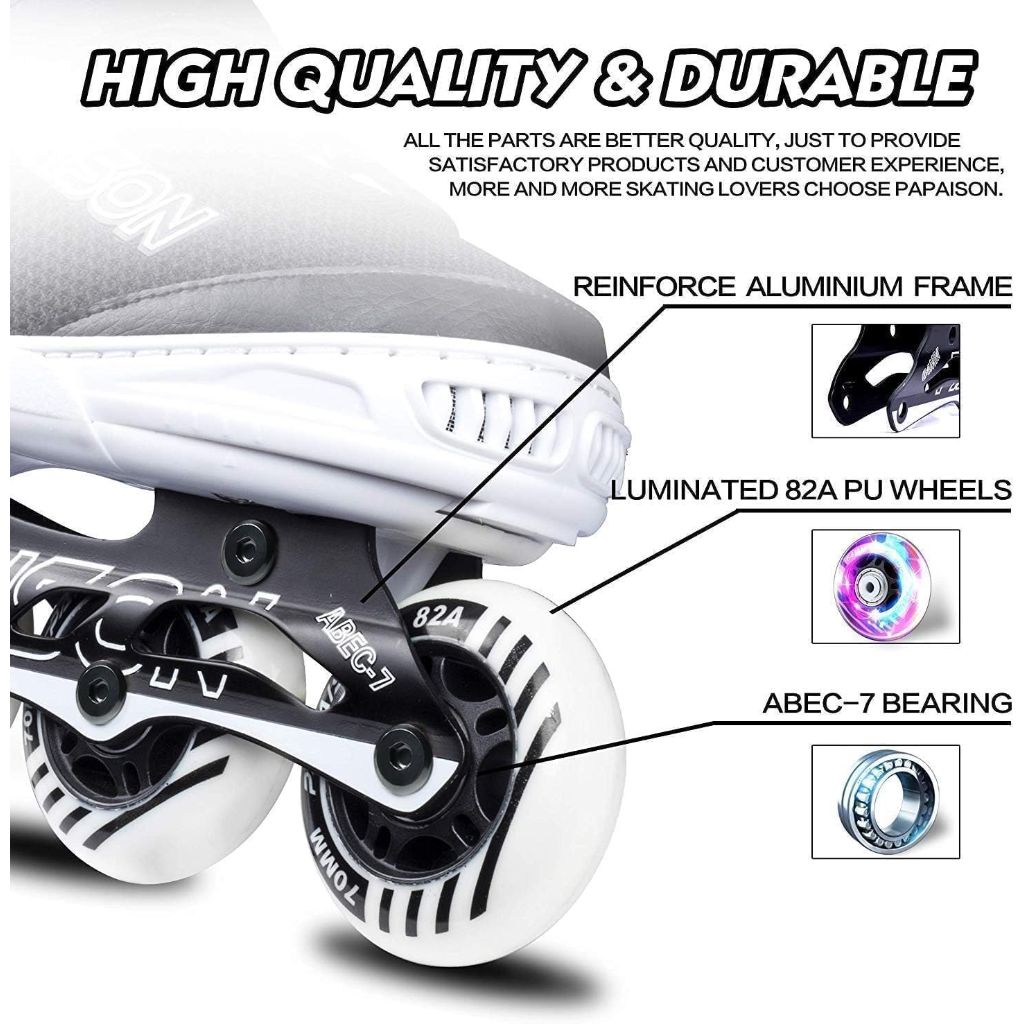 Papaison Adult's Adjustable Inline Skates with Full Light Up Wheels - Black/White, Size XL