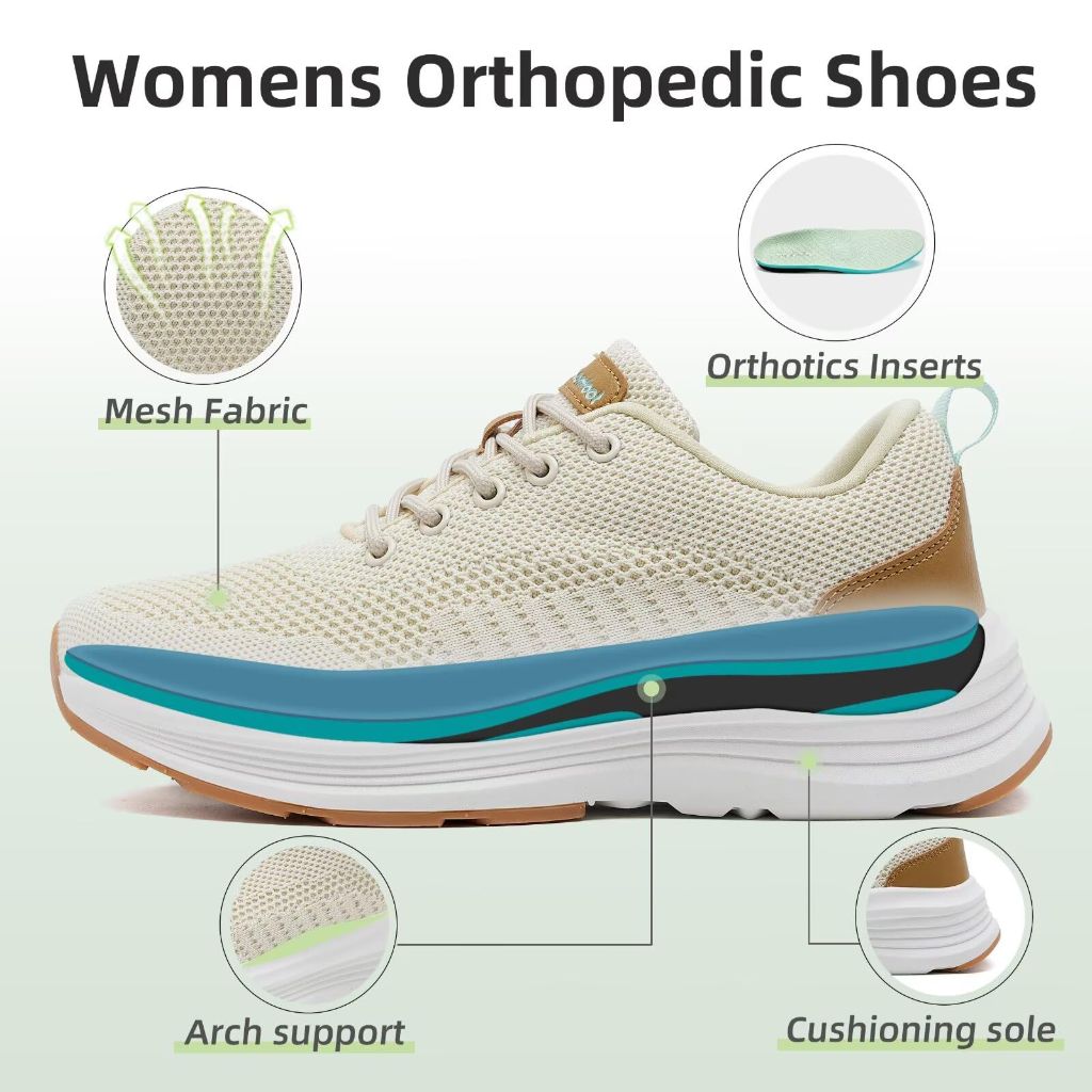 Women's Orthopedic Walkign Shoes for Flat Feet, Beige/Brown Size 7.5