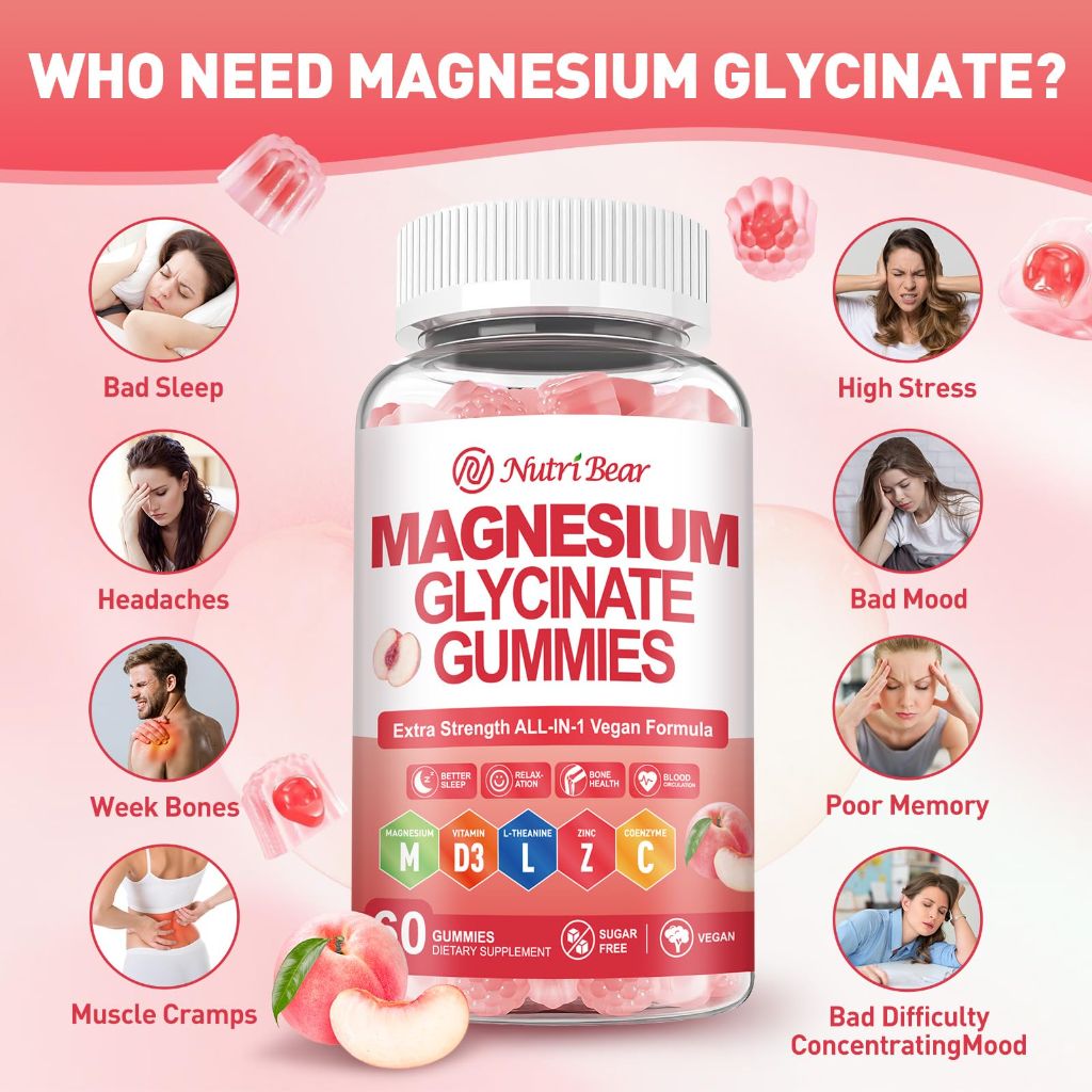NutriBear Magnesium Glycinate Gummies 400mg - 60 Count Peach