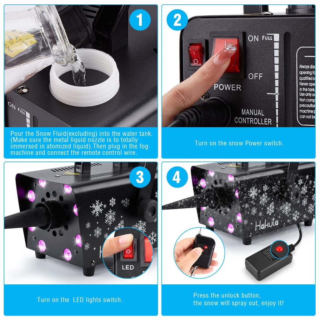 Hakuta Snow Machine, 800W Snow Machine with 8 LED RGB Lights, 13 LED Lighting Colors and 2 Remotes