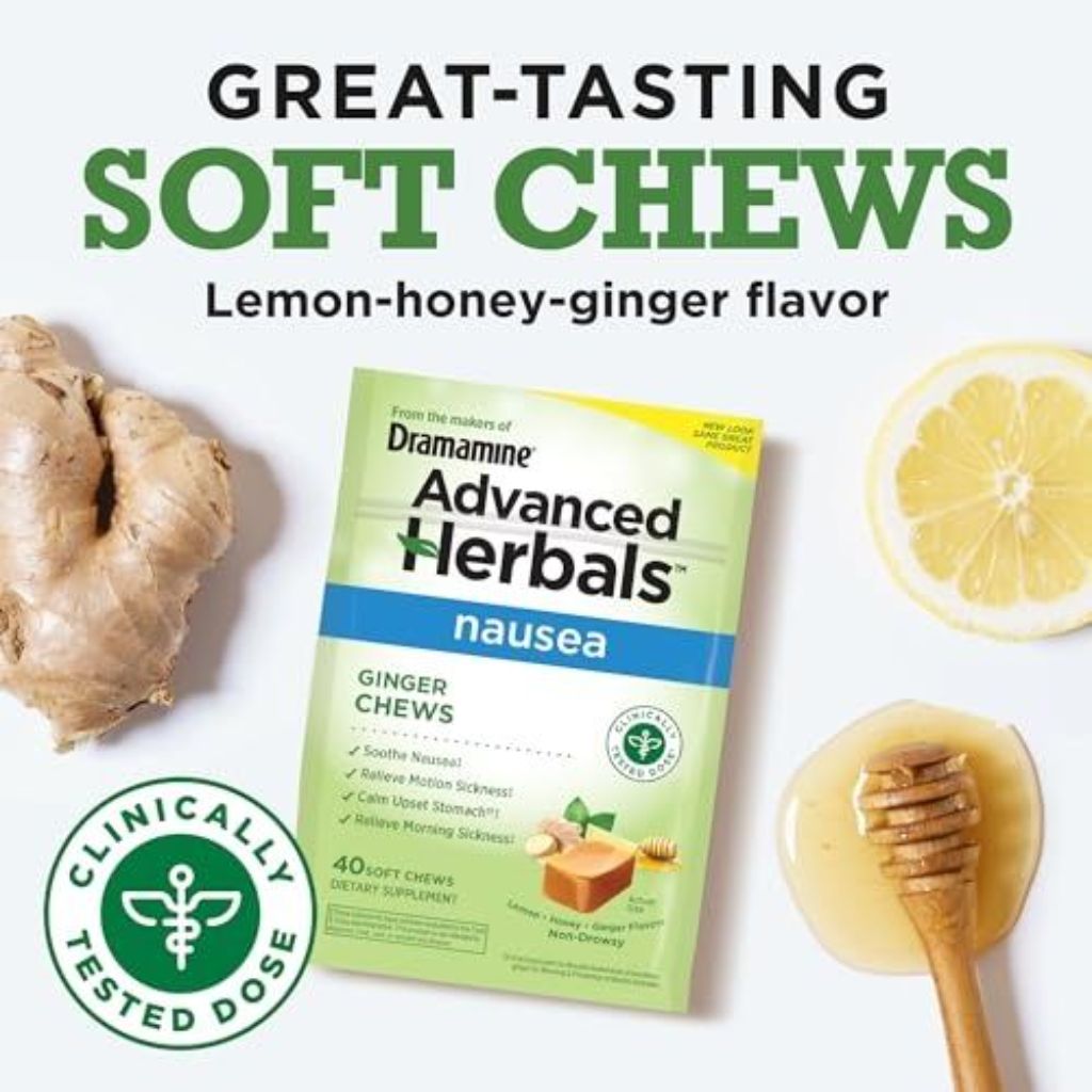Dramamine Advanced Herbals Ginger Chews for Nausea Relief - Lemon, Honey, Ginger, 40ct