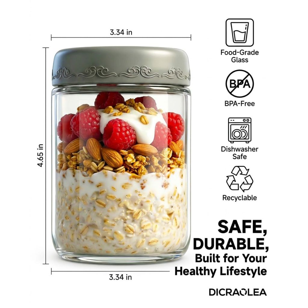 DicraoLea 16oz 4Pack Glass Overnight Oats Jars Containers with Airtight Leakproof Lids