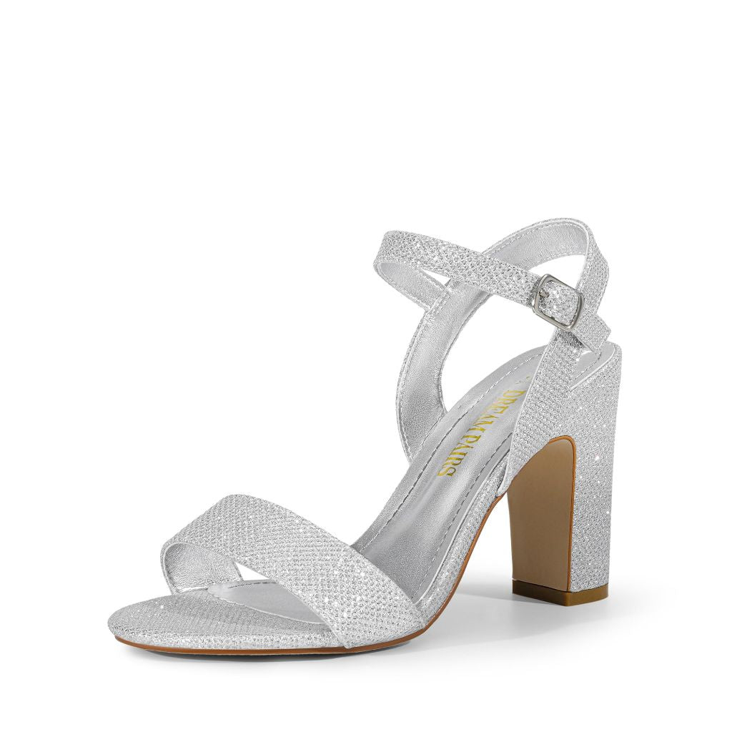 DREAM PAIRS Women's Chunky Pumps, Silver-Glitter - size 7