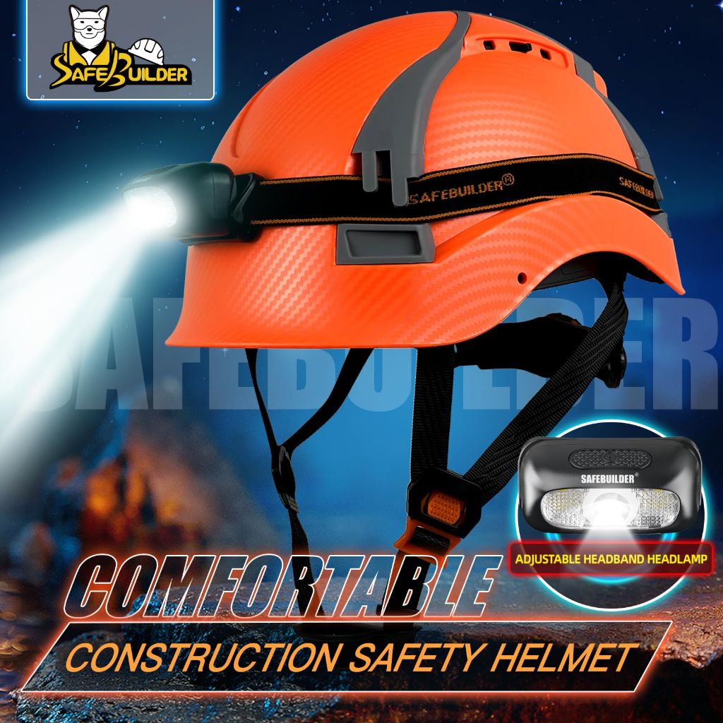SAFEBUILDER H1X Construction Safety Helmet with Headlight Hard Hat  Certificate ANSI/ISEA Z89.1 (H1X Matte Orange+05L Light)
