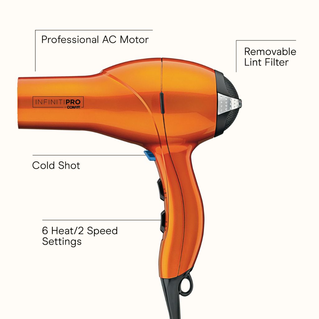 Infiniti PRO CONAIR Hair Dryer with Diffuser, Professional AC Motor, Orange