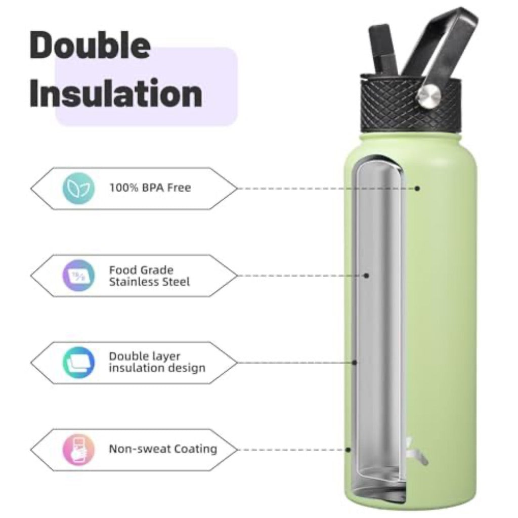 Konokyo 40oz Insulated Water Bottle Sport Stainless Steel Water Bottles with 3 Lids Macaron Green