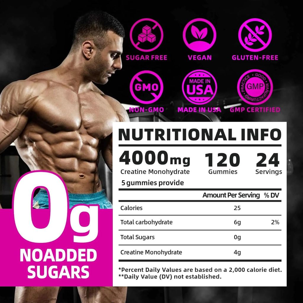 Razuhu Creatine Monohydrate Gummies, 120 Count, Watermelon Flavored