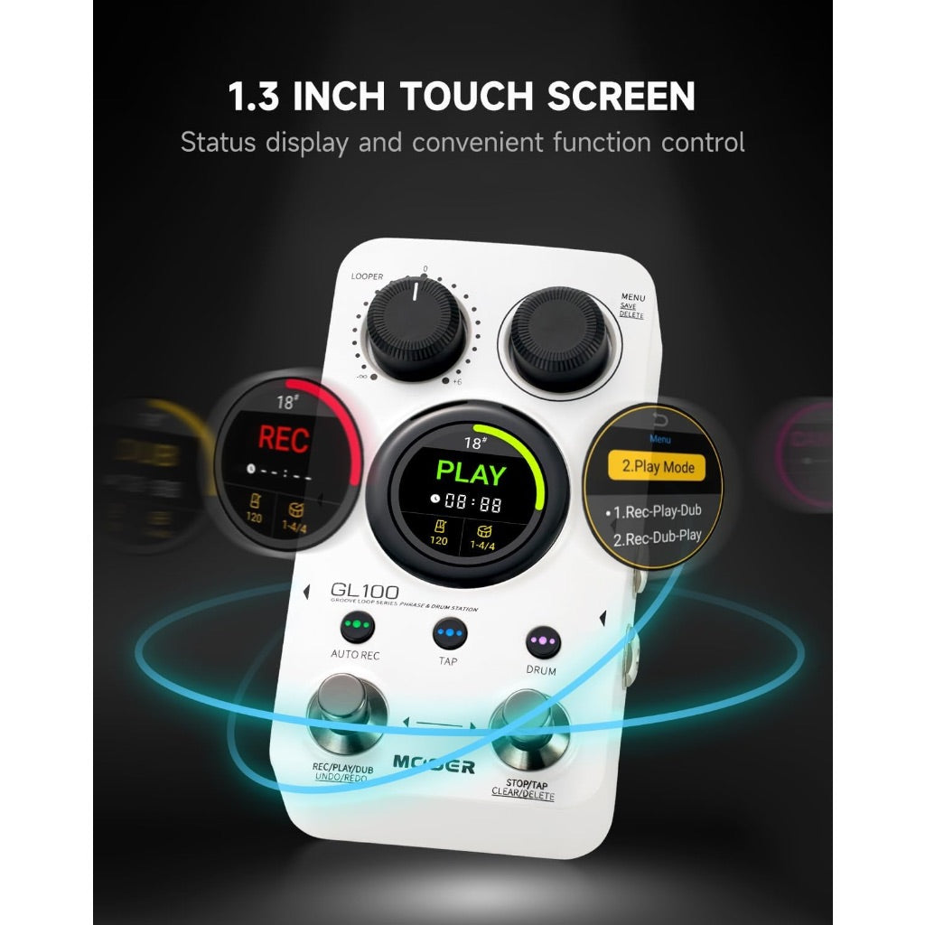 MOOER GL100 Looper Pedal Drum Machine, 1.3" Touchscreen - White