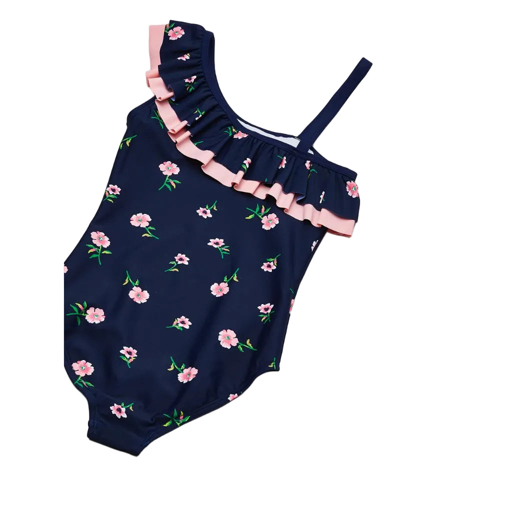 Kanu Surf Girls' Morgan Floral Ruffle 1-Shoulder 1-Piece Swimsuit, Navy, 14