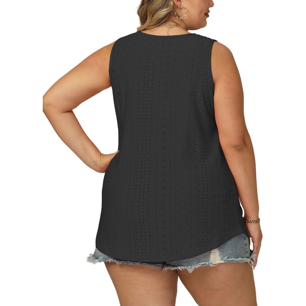 ROSRISS Plus-Size-Tank-Tops for Women Summer Sleeveless Loose Fit Trendy Basic Shirts Casual V Neck Tunics Eyelet Tees