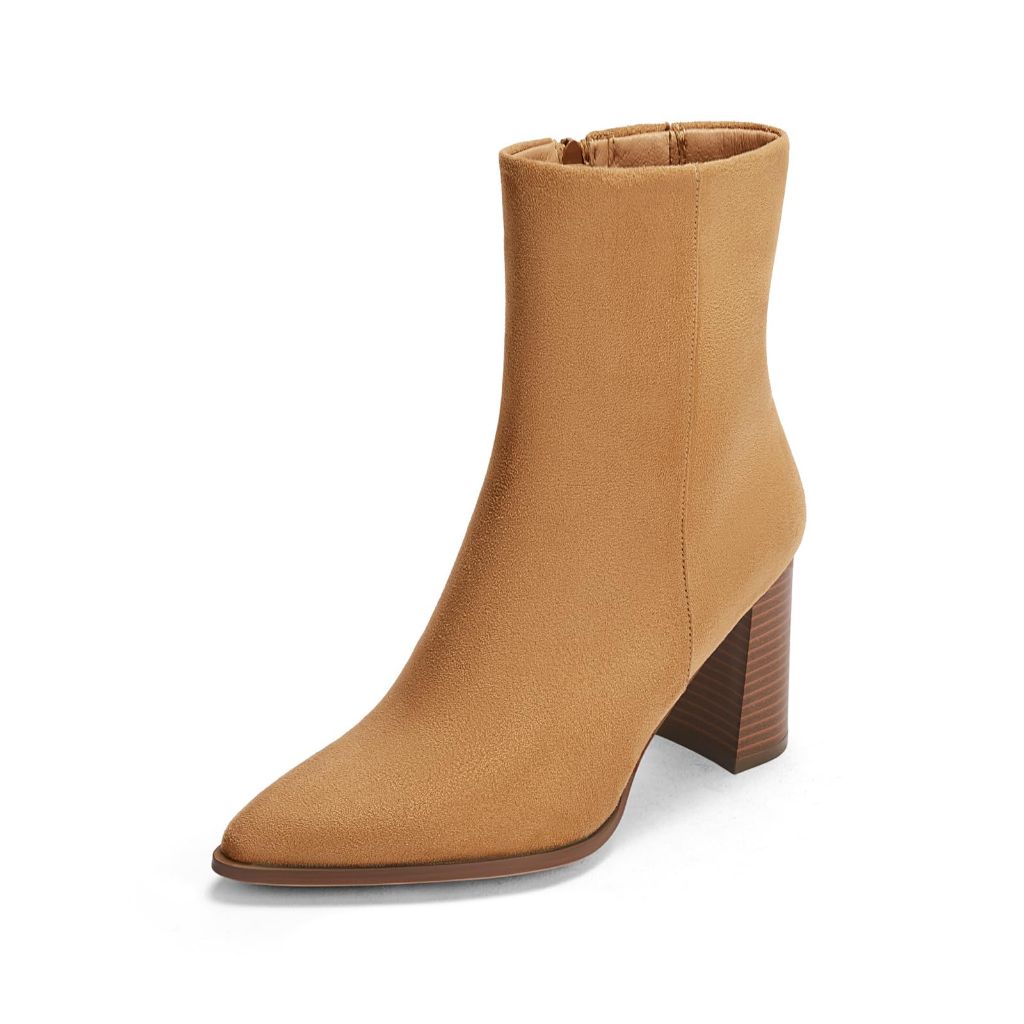 SZ 8.5, Coutgo Women's Ankle Boots Side Zipper Pointed Toe Chunky | Light Brown