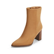 SZ 8.5, Coutgo Women's Ankle Boots Side Zipper Pointed Toe Chunky | Light Brown