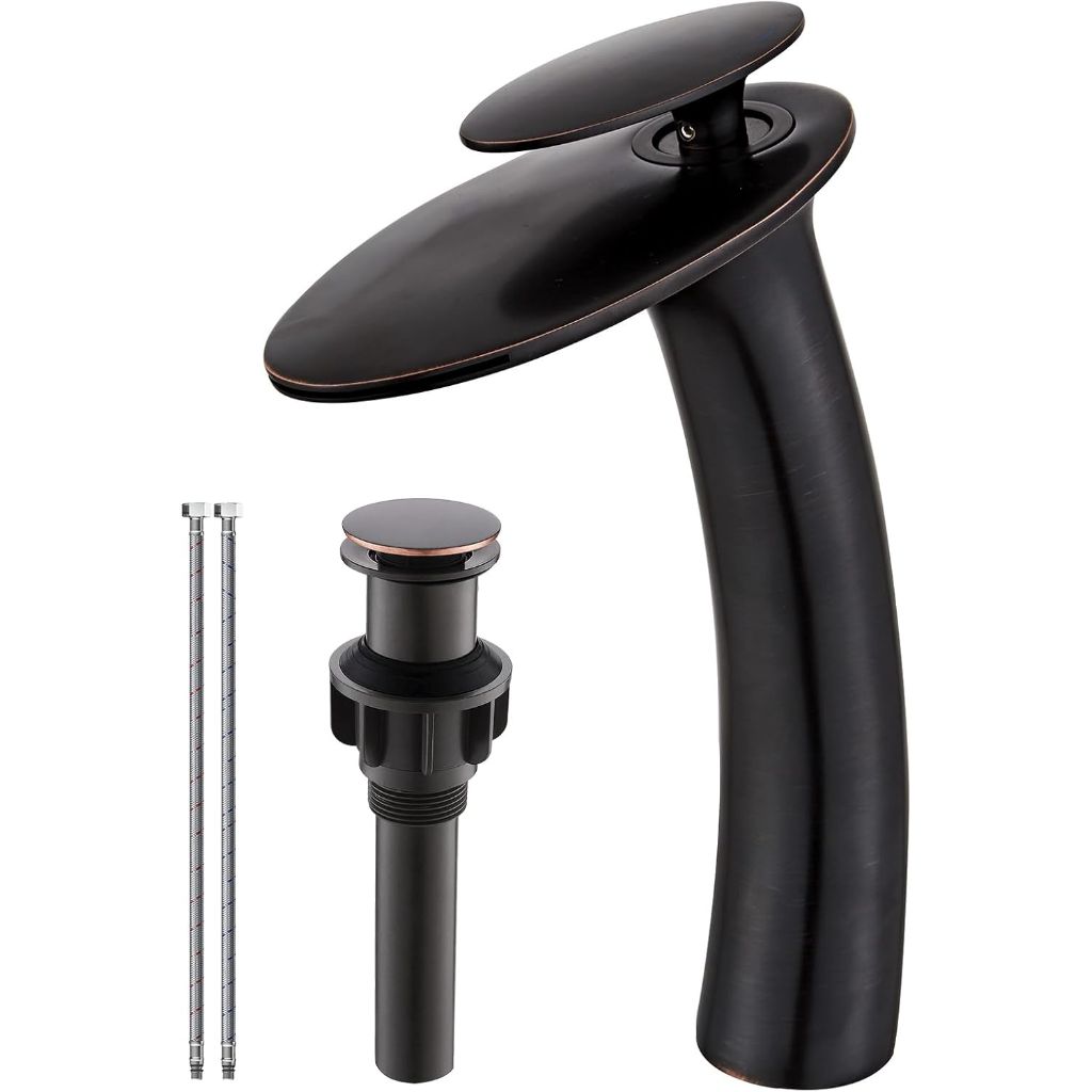 Oil Rubbed Bronze Waterfall Bathroom Faucet,Single Handle Single Hole Brass Lavatory Vanity Vessel Faucet,Slanted Body Basin Mixer Tap Tall Body with Supply Hose and Pop Up Drain Assembly