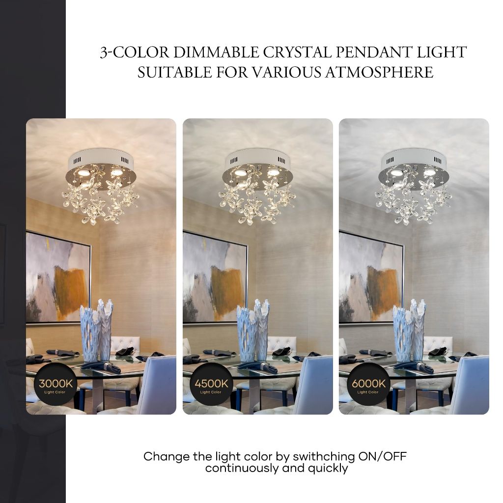 Aol furin 4-Lights Modern Chandelier K9 Crystal Lighting Fixture, 11.8 Inch Round Silver Stainless Steel Ceiling Lights