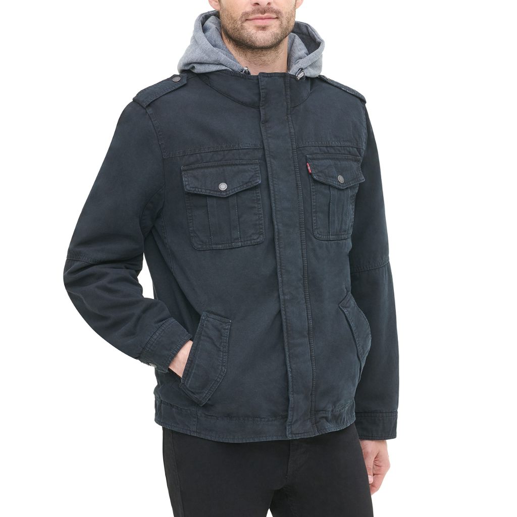 Levi's Men's Washed Cotton Military Jacket with Removable Hood, Navy, Medium