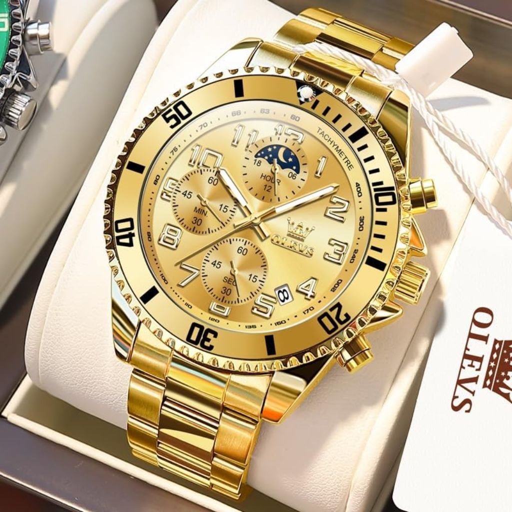 OLEVS Men's Waterproof Luxury Big Face Watch - Stainless Steel, Gold Tone