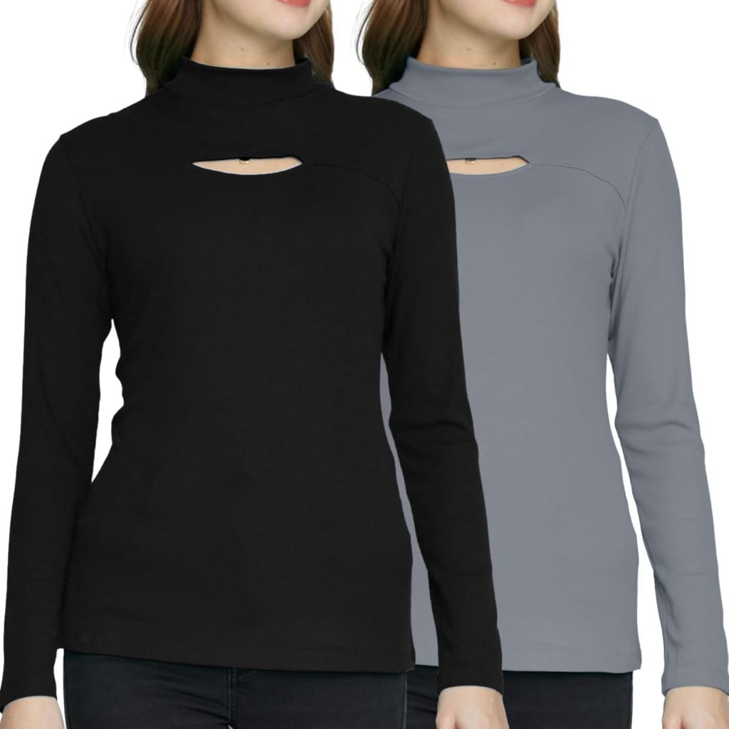 SSLR Mock Neck Tops for Women Long Sleeve T Shirts Cut Out Ribbed Turtleneck Stretchy