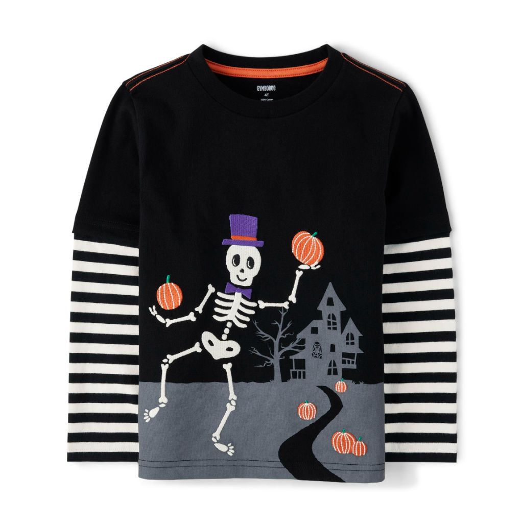 Gymboree,and Toddler Embroidered Graphic Long Sleeve Layered T-Shirts,Skeleton,12-18 Months