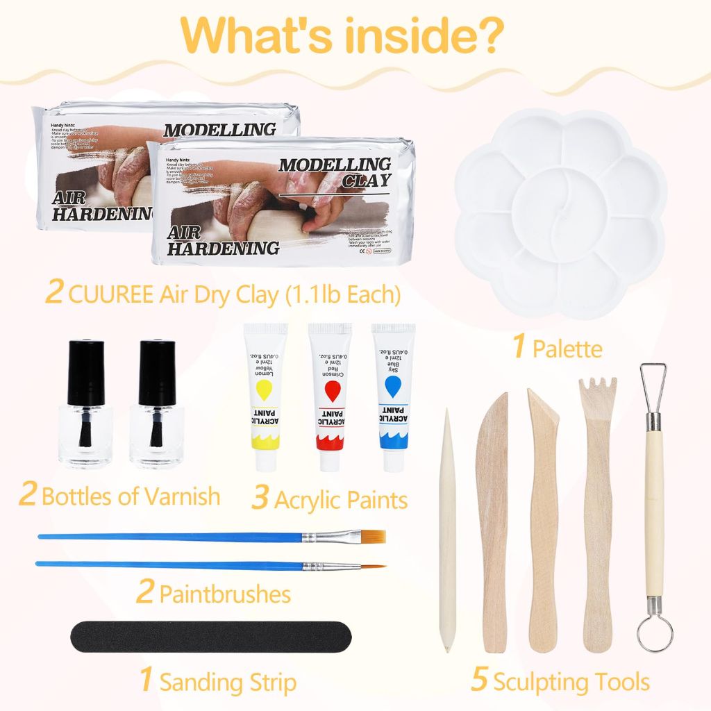 CUUREE Air Dry Clay Kit for Adults Home Pottery Kit for Beginners DIY Crafts Kit Set Includes: Air-Dry Clay Tools Paints Brushes Varnish Guides