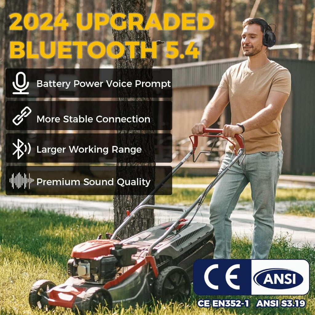Bluetooth 5.4 Hearing Protection with 120H Working Time, 30dB Safety Earmuffs, Rechargeable Ear Protection Headphones with Mic for Mowing, Workshops, Construction, Snowblowing, Black