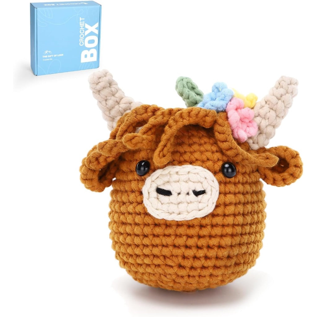 Cudroza Crochet Kit for Beginners - Brown Highland Cow Starter Crochet Kit with Video Tutorial and Yarns, Hook, Accessories