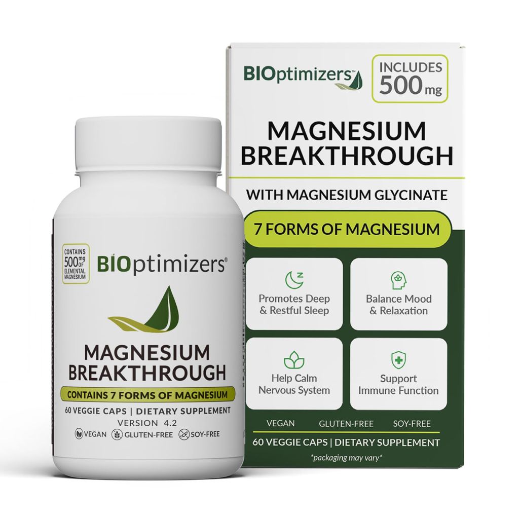 BIOptimizers Magnesium Breakthrough Supplement with 500mg - 7 Forms of Magnesium: -60 Capsules- Calming Vitamins
