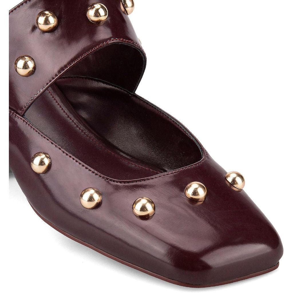 HT Studded Mules Square Toe Kitten Heeled Sandals, Burgundy, SZ 6