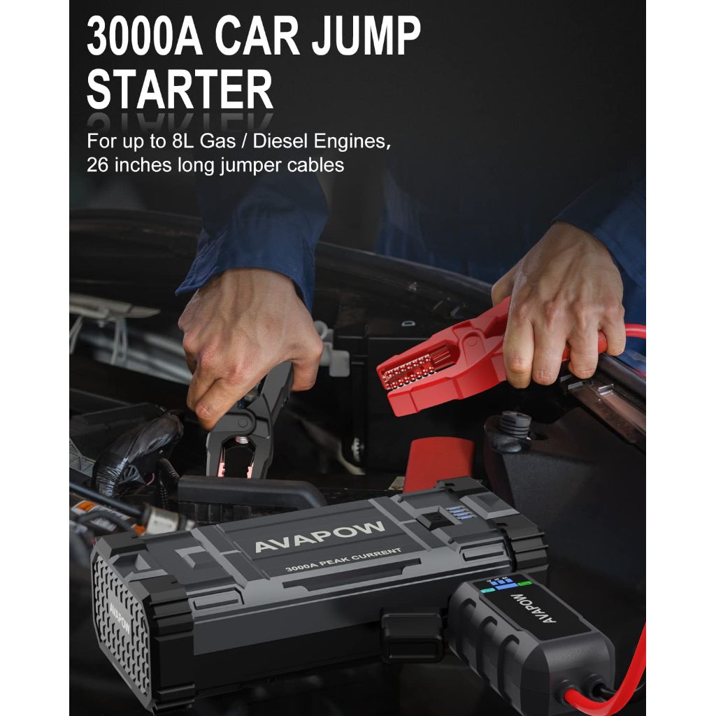 AVAPOW Car Battery Jump Starter 3000A Peak,  to 8L Gas 8L Diesel Engine with Booster Function,12V Lithium Jump Charger Pack Box
