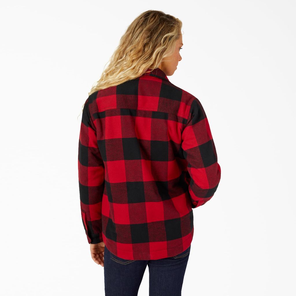 Dickies Women's Flannel High Pile Fleece Lined Chore Coat - English Red Buffalo Plaid Size L