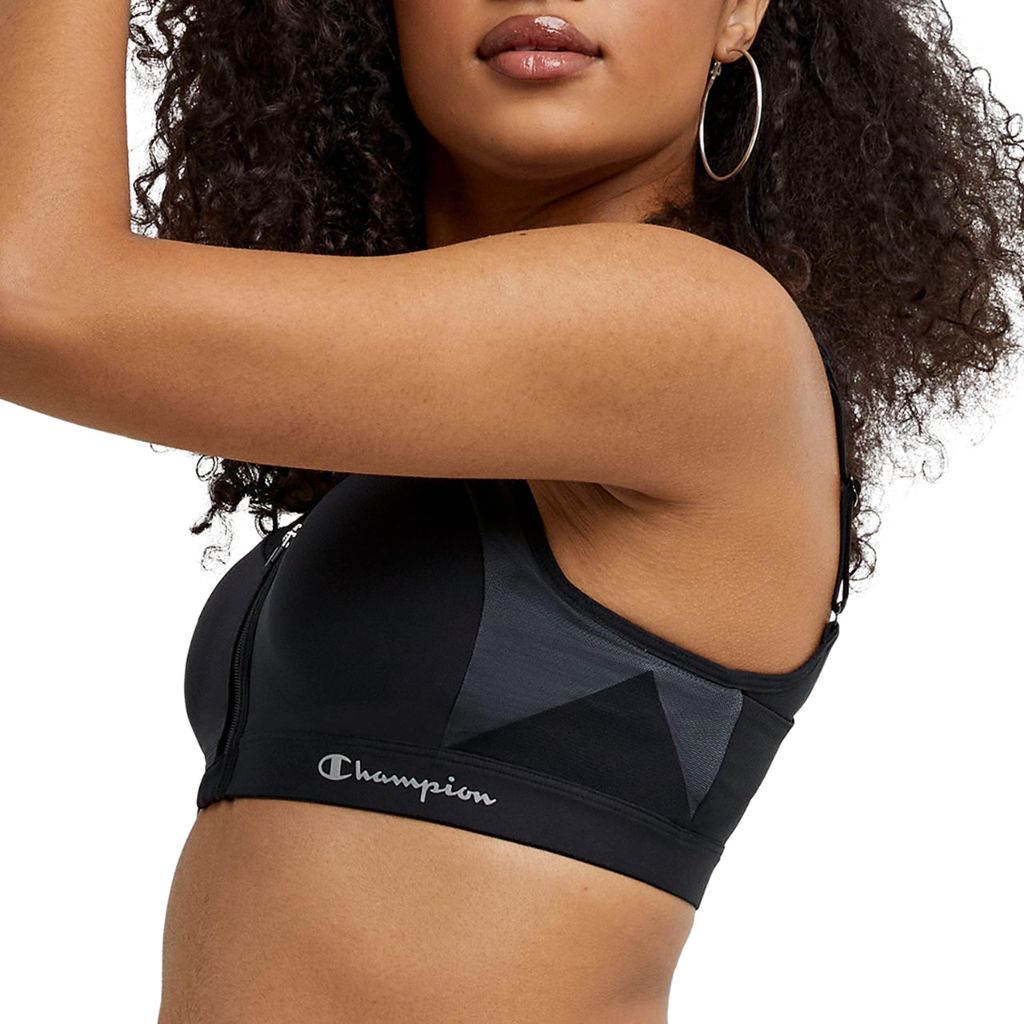 Champion Women's Sports Bra, Motion Control Front-Zip, High-Impact Maximum Support, Breathable, Moisture-Wicking, Black, 36DD