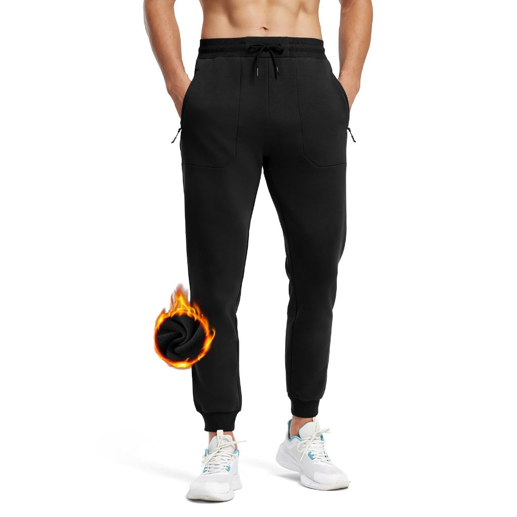 TBMPOY Men's Fleece Lined Cotton Joggers - Black, Medium