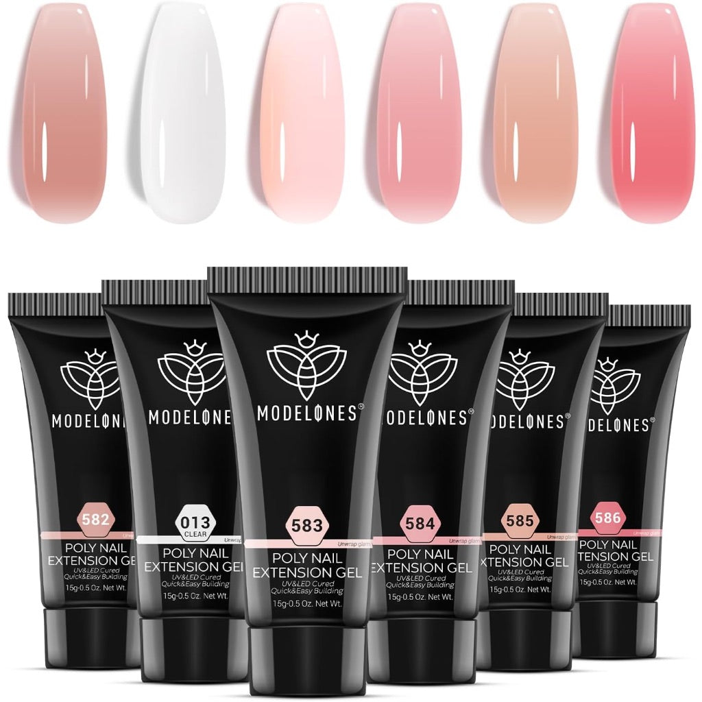 Modelones Poly Nail Gel Set, 6 Colors Jelly Nude Pink Poly Extension Gel Transparent Nail Enhancement Set Sheer Builder DIY Manicure Design Spring Summer Home Salon