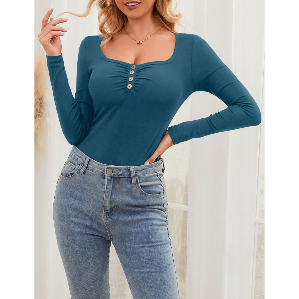 Amoretu Women's Henley Long Sleeve Shirts, Fitted (Black, M)