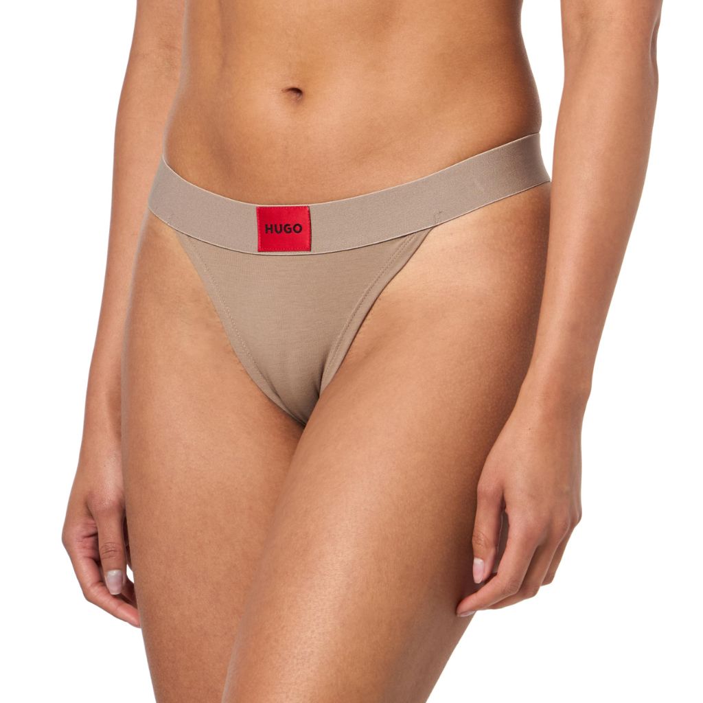 HUGO, Square Logo Cotton String Thong Panties, Taupe Grey, XS