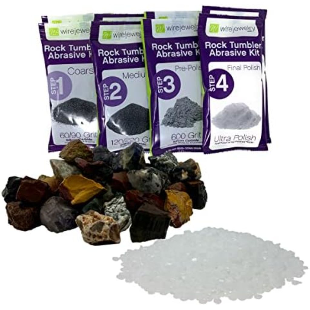 WireJewelry Gemstones of The World Tumbler Refill Kit - 3 Lbs. of Handpicked Rock, 2 Batches of 4 Step Abrasive Grit and Polish with Plastic Pellets