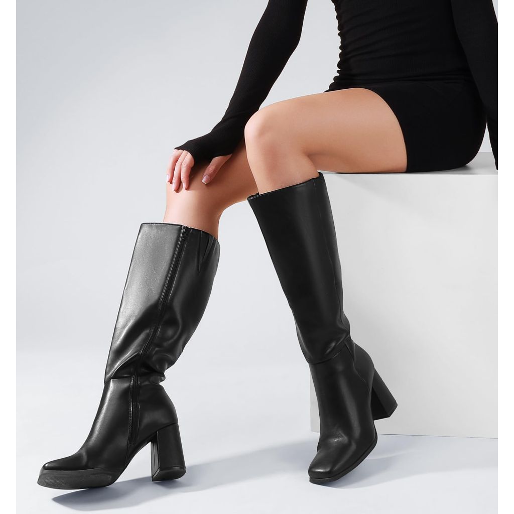 Ankis Knee High Boots for Women Squared Toe Chunky High Heel with Side Zipper Long Boots