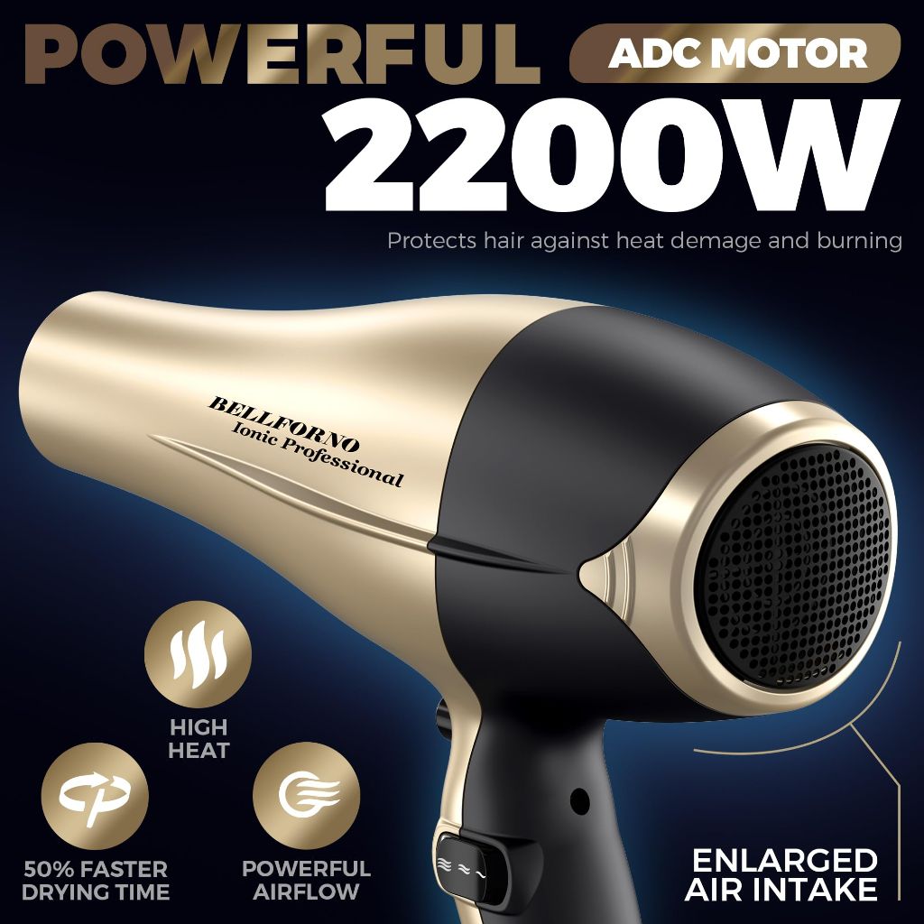 BELLFORNO - 2200W High-Power Hair Dryer - Ionic Ceramic Tourmaline Technology