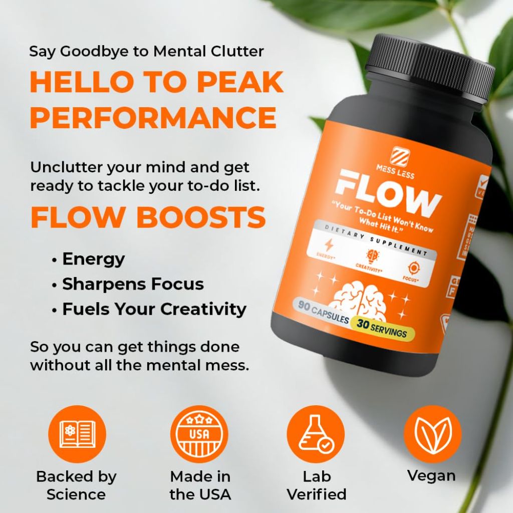 MESS LESS FLOW – Nootropic Brain Supplement for Focus, Memory, Creativity&Mental Clarity – Complete Daytime Cognitive Support with Lion’s Mane, Bacopa, Ginkgo, Guayusa | Vegan, Gluten-Free, Lab-Tested