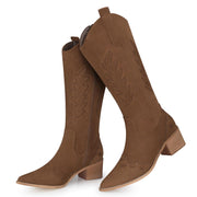 SHIBEVER Suede Knee High Cowboy Boots for Women, Zipper, Low Heel