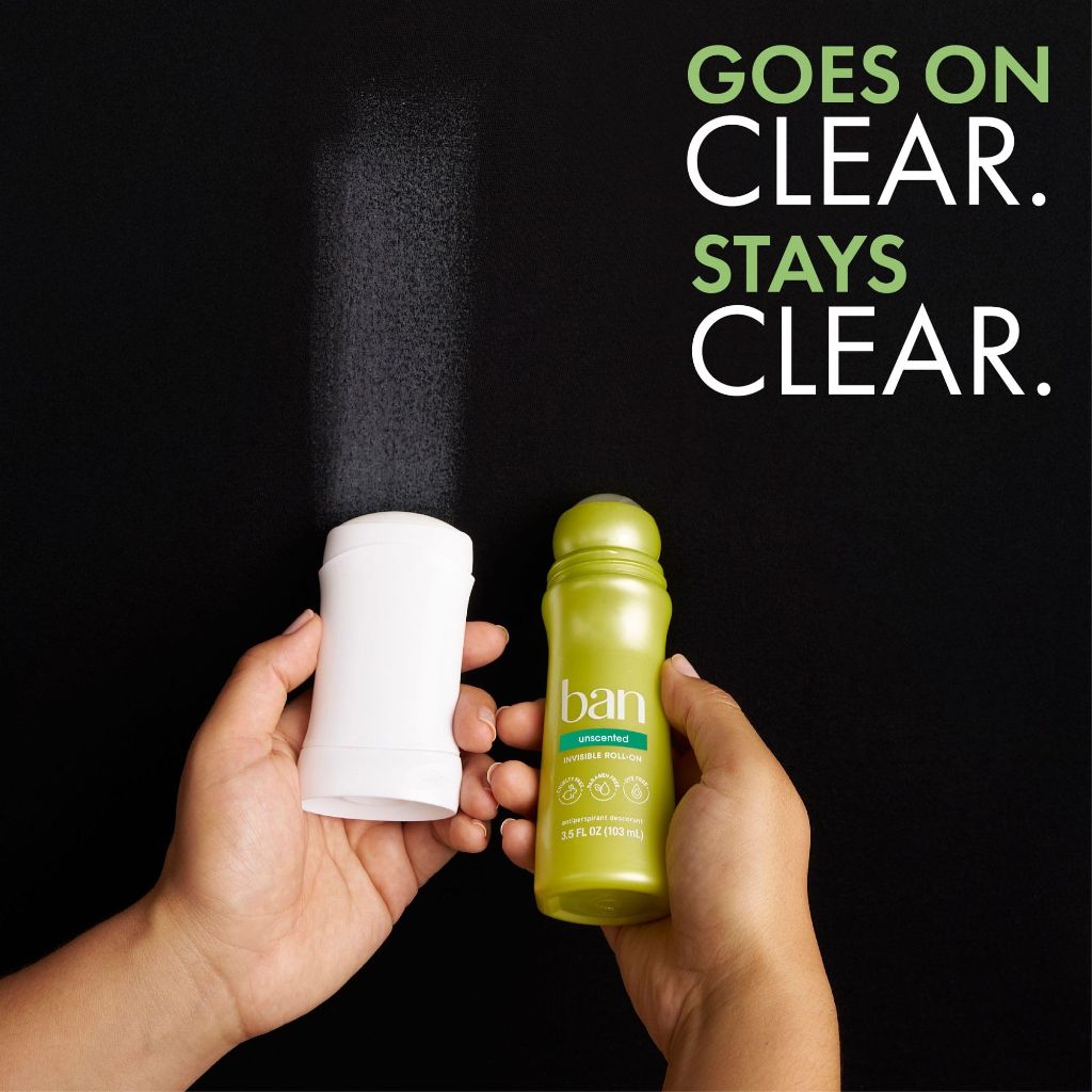 Ban Invisible Roll-on Antiperspirant Deodorant for Women and Men Unscented, 3.5 Oz, Pack of 2
