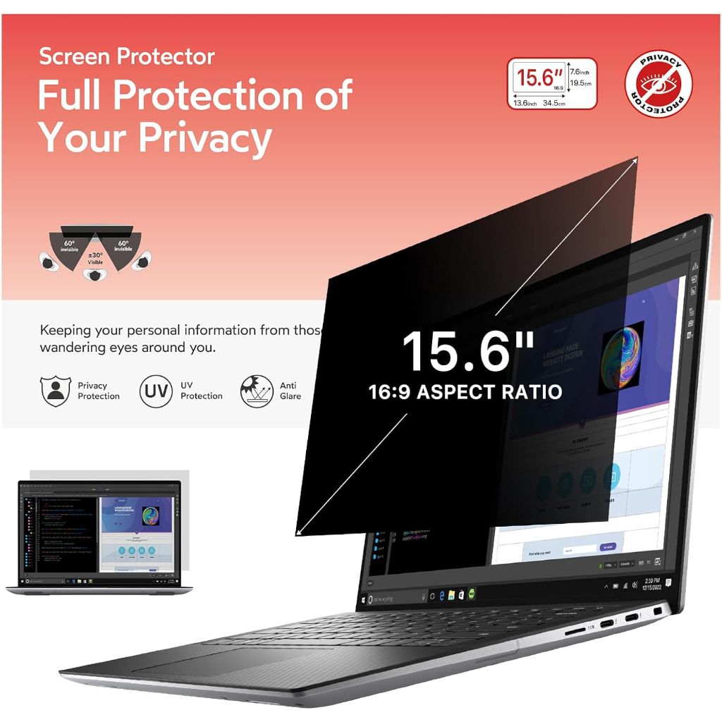 bersem 15.6 Laptop Privacy Screen for 16:9 Ratio Computer Monitor, Removable Anti Glare Blue Light Filter for Laptop Privacy Screen 15.6 inch, Anti-Spy, Anti-Scratch, UV-Blocking