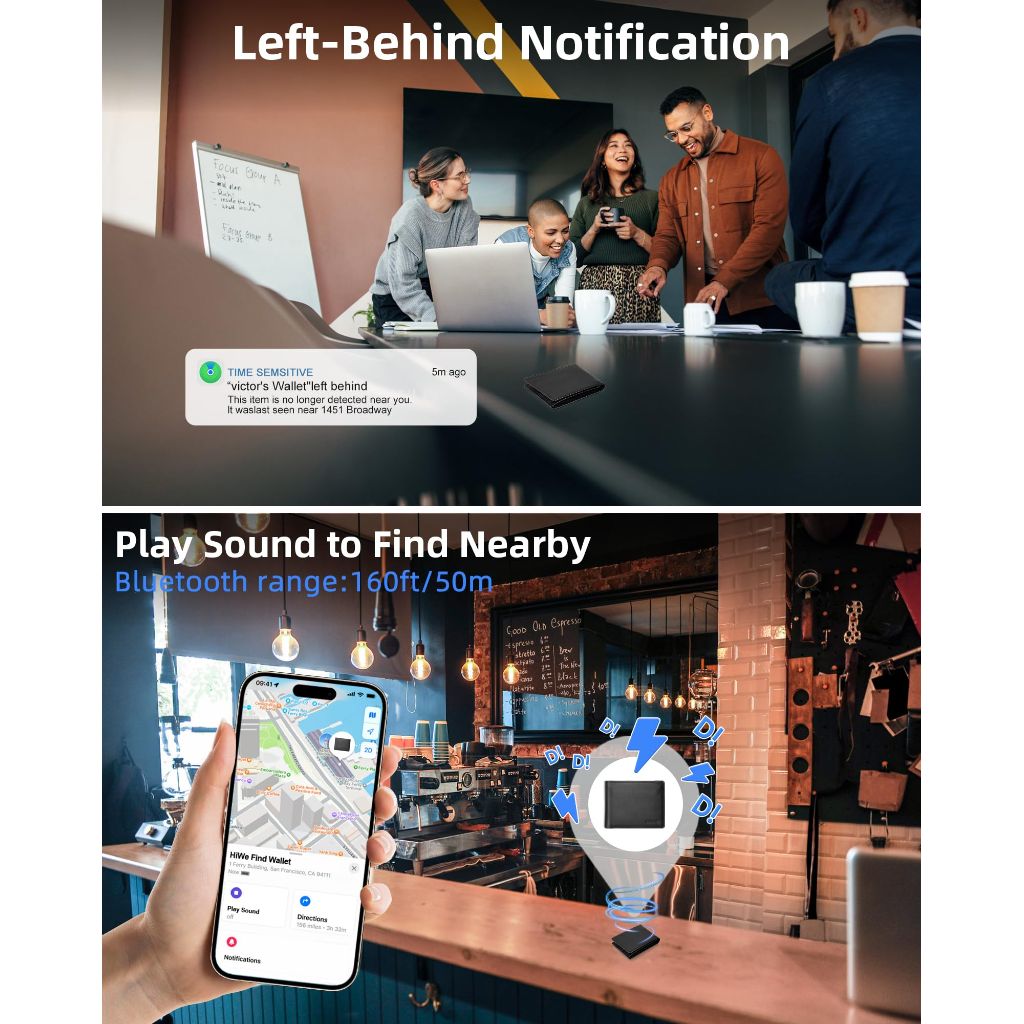 HiWe Anti-Lost Bifold Men Wallet with Find My, Genuine Leather, RFID, Original Design, Black