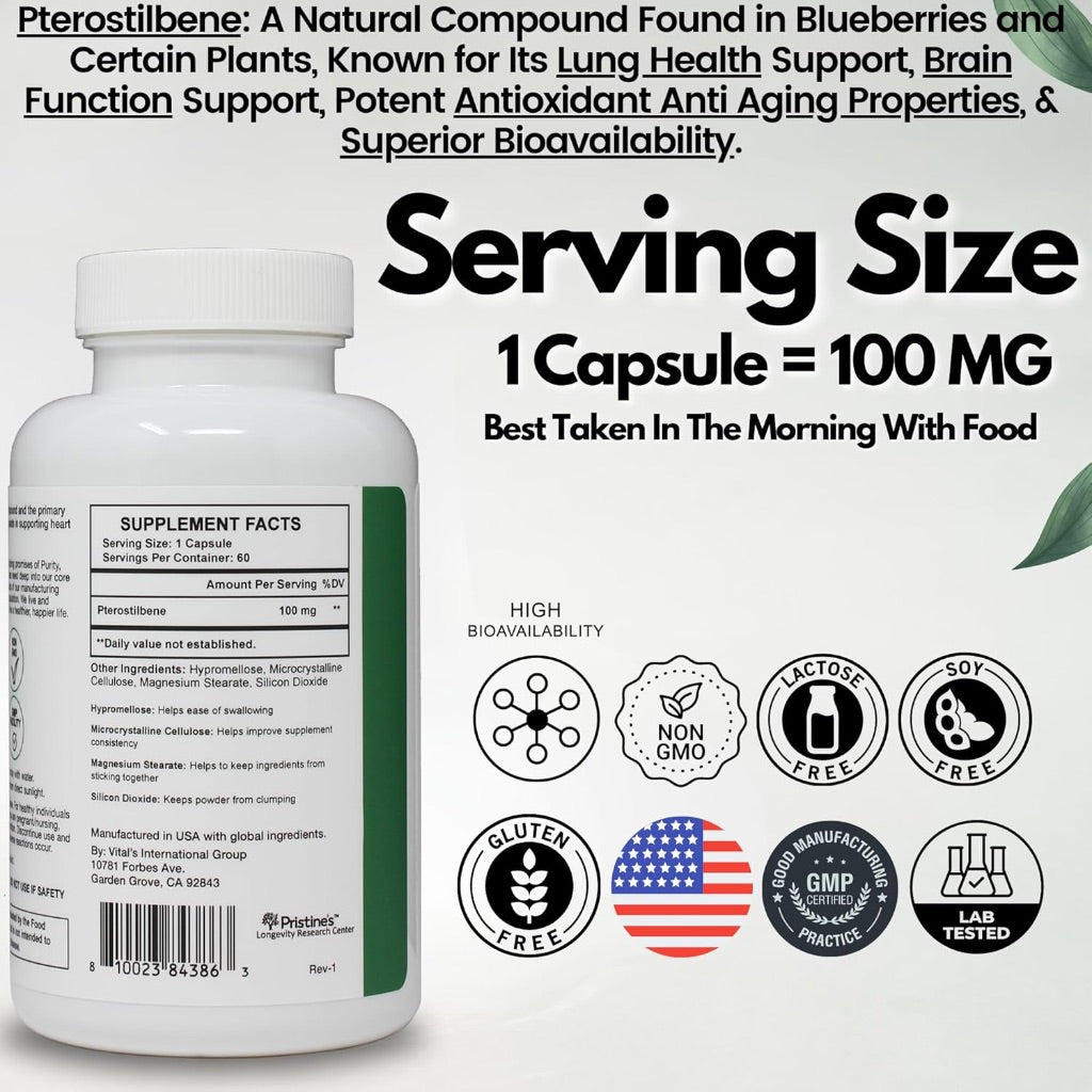 PRISTINE'S Pterostilbene 100mg Anti Aging Supplement Capsules - 60 Day Supply